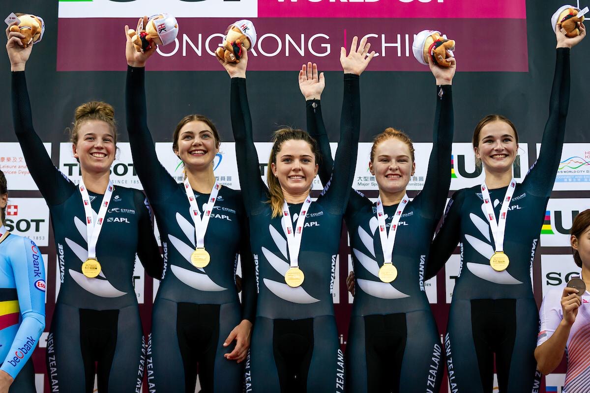 The women's team pursuit celebrate victory at the UCI Track World Cup in Hong Kong.